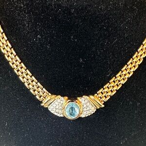 Gold-Tone Necklace with Blue Stone and Crystal Pavé Accent